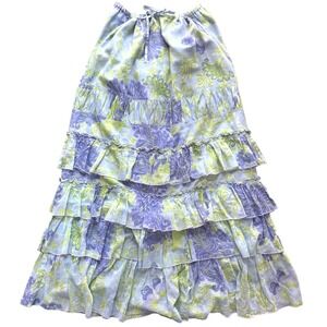 Fei Anthropologie Floral Tiered Ruffle Maxi Skirt Lavender Blue Green